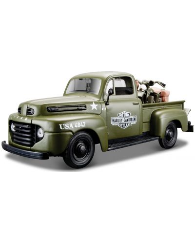 Метален пикап с мотор Maisto Harley Davidson - Ford F-1 Pickup, WLA FLATHEAD Motorcycle, Мащаб 1:24