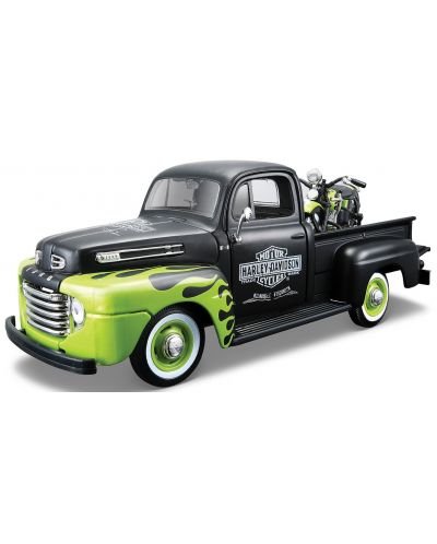 Метален пикап с мотор Maisto Harley Davidson - Ford F-1 Pickup, FL PANHEAD Motorcycle, Мащаб 1:24