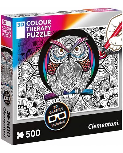 Пъзел за оцветяване Clementoni от 500 части - Бухал, с 3D очила - 1