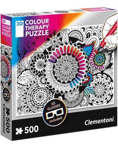 Пъзел за оцветяване Clementoni от 500 части - Мандала, с 3D очила - 1
