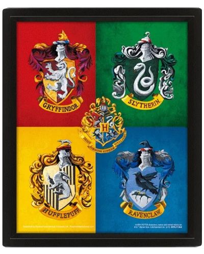 3D плакат с рамка Pyramid Movies: Harry Potter - House Crests - 1