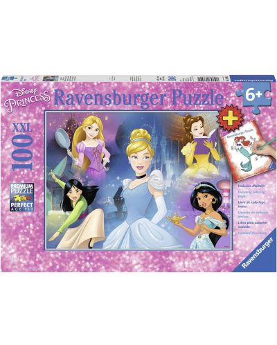 Пъзел Ravensburger от 100 XXL части - Очарователни принцеси, с книжка за оцветяване - 1