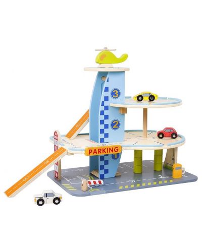 Дървена играчка Classic World - Гараж с колички на 3 нива