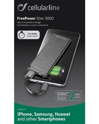 Портативна батерия Cellularline - FreePower Slim, 3000 mAh, черна - 3