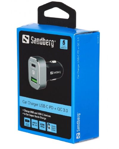 Зарядно за кола Sandberg - Car Charger, USB-A/C, 63W, черно - 2
