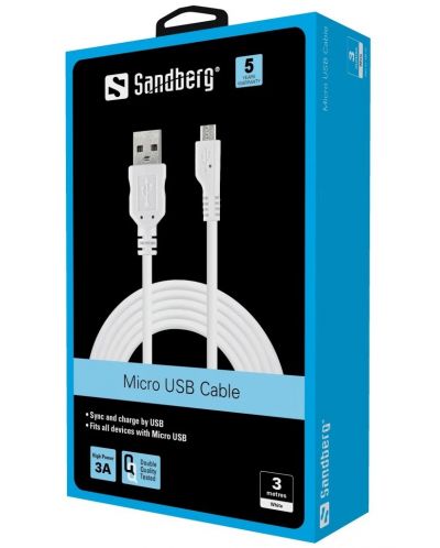 Кабел Sandberg - MicroUSB Sync/Charge, бял - 2