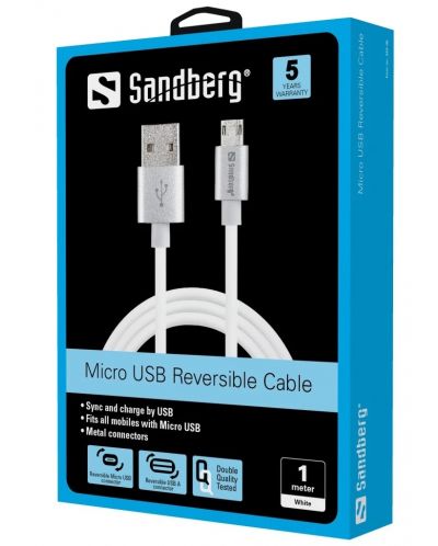 Кабел Sandberg - MicroUSB Reversible, бял/сребрист - 3