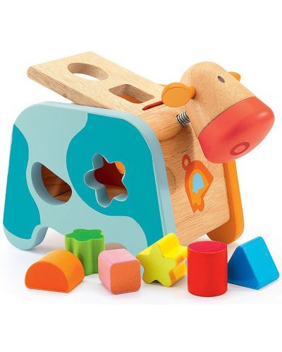 Дървена играчка Djeco - Крава с формички за сортиране - 1
