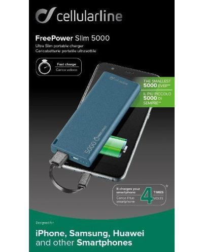 Портативна батерия Cellularline - FreePower Slim, 5000 mAh, синя - 3
