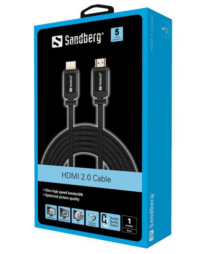 Кабел Sandberg HDMI 2.0, 1 m, черен - 2