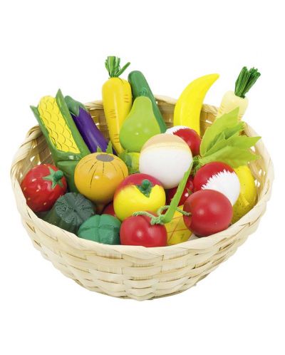Комплект продукти Goki - Плодове и зеленчуци в кошница, 16 части, от дърво - 1