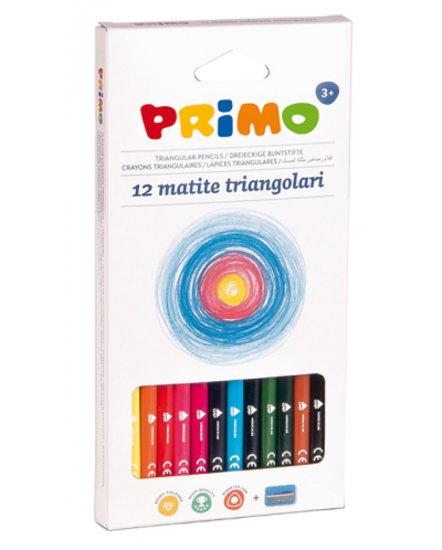 Комплект цветни моливи Primo - Триъгълни, 12 цвята + острилка - 1