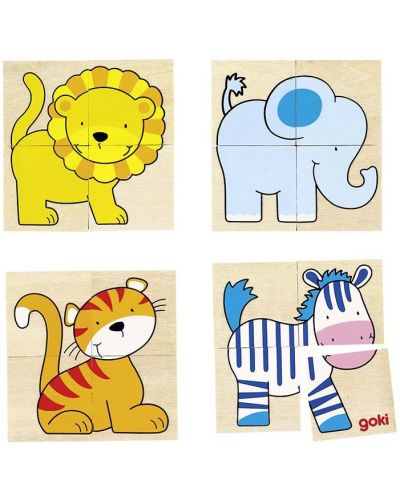 Дървена игра Goki - Каремо, със зебра, хипопотам, слон, тигър и лъв - 1