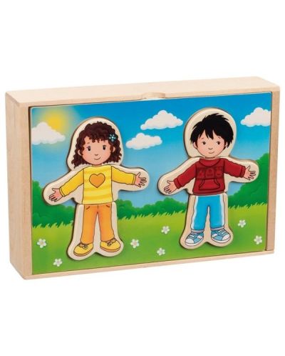 Дървен комплект Goki - Момче и момиче за обличане, в дървена кутия - 1