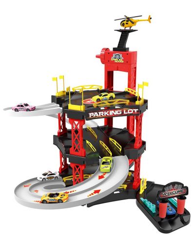 Игрален комплект Bowa - Паркинг на 3 нива, с 4 коли и хеликоптер Racing Track, 55 части - 1