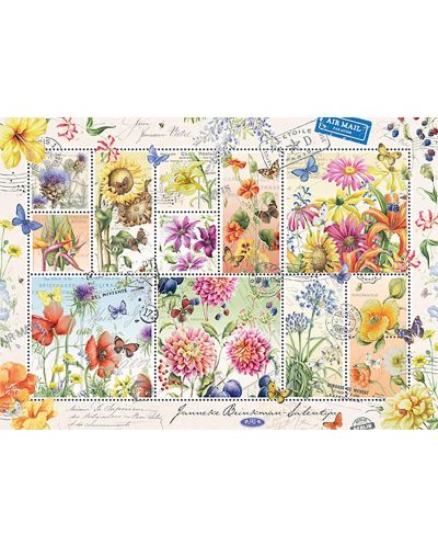 Пъзел Jumbo от 1000 части - Пощенски марки с летни цветя - 2