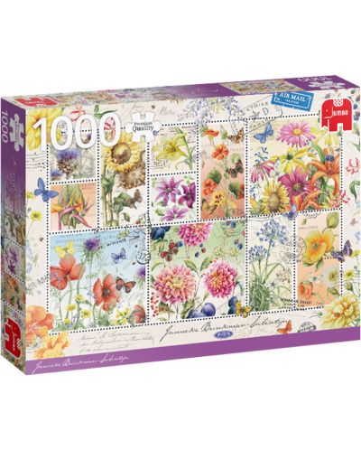 Пъзел Jumbo от 1000 части - Пощенски марки с летни цветя - 1