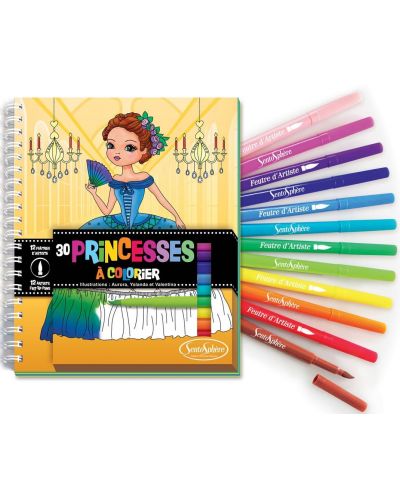 Книжка за оцветяване Sentosphere Coloriage - Принцеси, с флумастери - 1