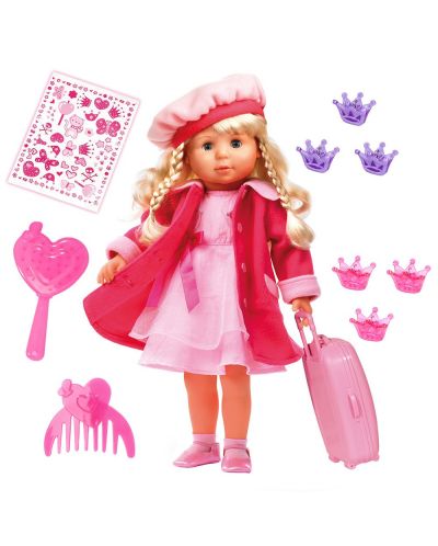 Пееща и говореща кукла Bayer - Мария, 46 cm, с куфарче и розово палто - 3