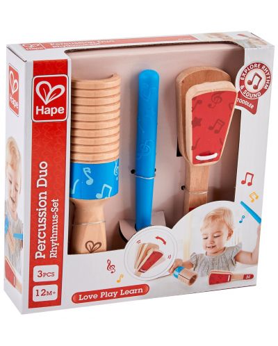 Комплект детски музикални инструменти Hape - Дървени перкуси - 1