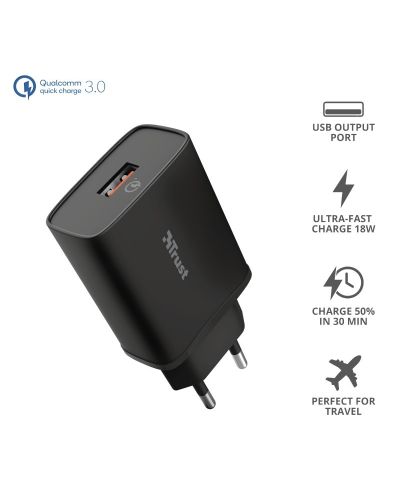 Зарядно устройство Trust - Qmax, USB-A, 18W, черно - 6