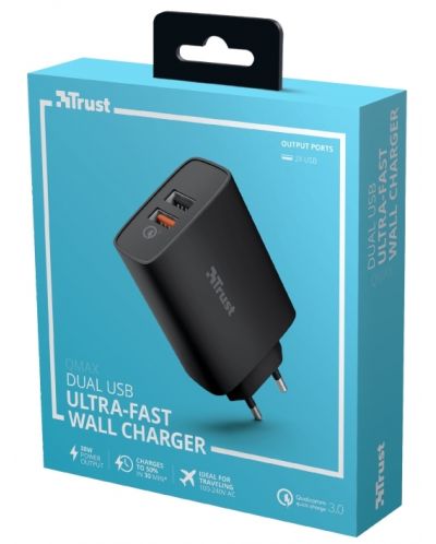 Зарядно устройство Trust - Qmax Ultra-Fast Dual, USB-A, 30W, черно - 5
