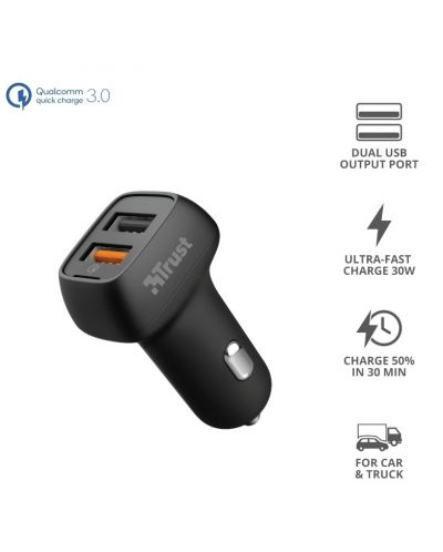 Зарядно за кола Trust - Qmax, USB-A, 30W, черно - 5