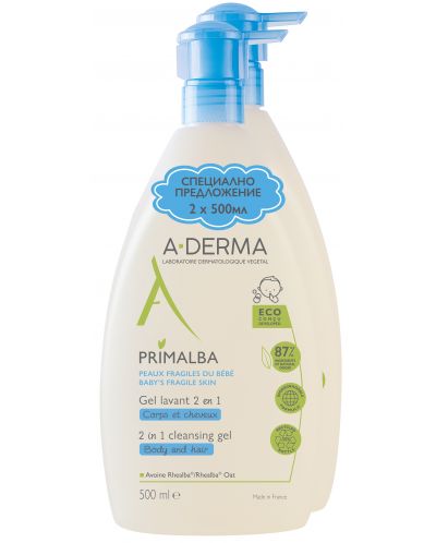 A-Derma Primalba Почистващ гел за коса и тяло, 2 x 500 ml (Лимитирано) - 1