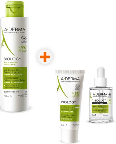 A-Derma Biology Комплект - Демакииращо мляко, Серум и Богат крем, 200 + 30 + 40 ml (Лимитирано) - 1