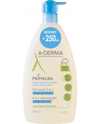 A-Derma Primalba Почистващ гел за коса и тяло, 750 ml (Лимитирано) - 1