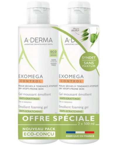 A-Derma Exomega Control Комплект - Емолиентен пенещ се гел, 2 x 500 ml (Лимитирано) - 1