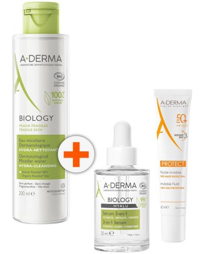 A-Derma Biology & Protect Комплект - Мицеларна вода, Серум и Флуид, SPF50+, 200 + 30 + 40 ml - 1