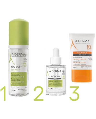 A-Derma Biology & Protect Комплект - Почистваща пяна, Серум и Слънцезащитен флуид, SPF50, 150 + 2 x 30 ml (Лимитирано) - 2