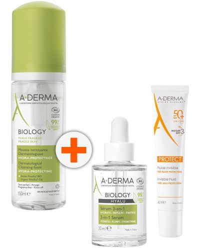 A-Derma Biology & Protect Комплект - Почистваща пяна, Серум и Флуид, SPF50+, 150 + 30 + 40 ml - 1