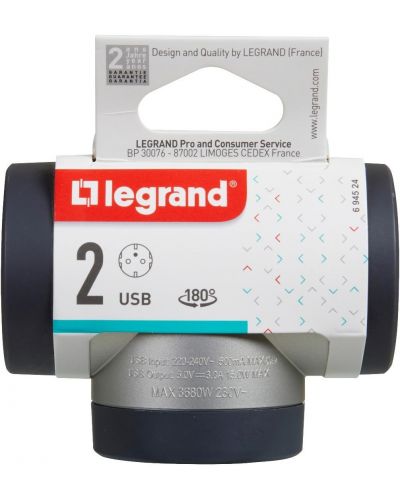 Адаптер Legrand - 694524, 2 гнезда, Т-образен, USB A+C, въртящ, сив - 6
