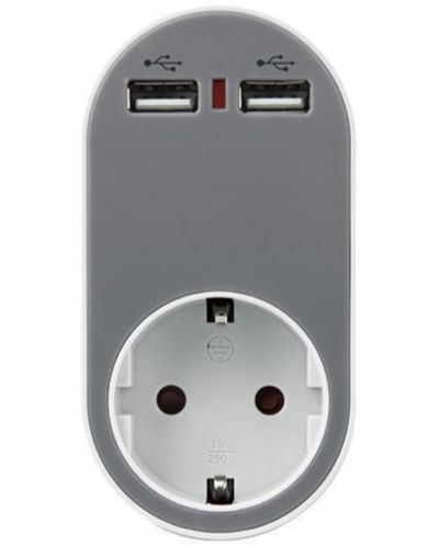 Адаптер EUROLAMP SA - 10337, 1 гнездo, 2x USB-A, сив - 1