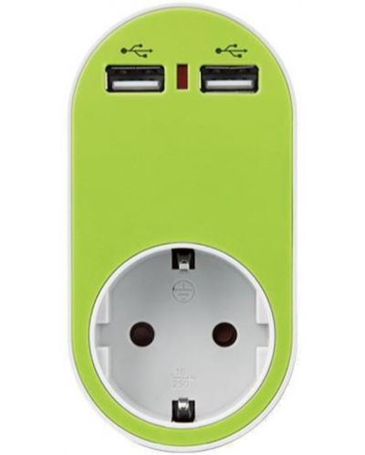 Адаптер EUROLAMP SA - 10338, 1 гнездo, 2x USB-A, зелен - 1