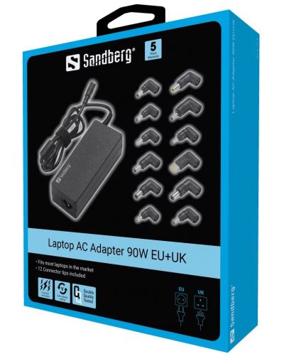 Адаптер Sandberg - Laptop AC Adapter, 90W, EU+UK, черен - 5