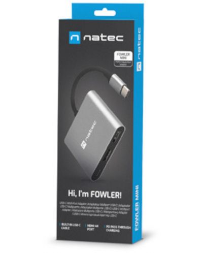 Адаптер Natec - Fowler Mini, USB-C/USB 3.0, HDMI, USB-C, сив - 6