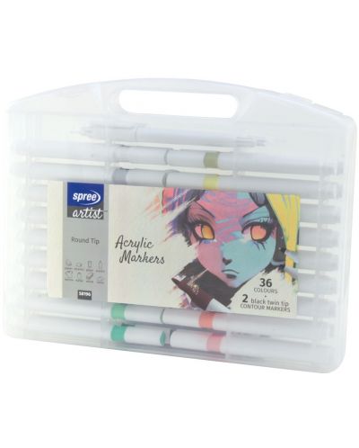 Акрилни маркери Spree Artist - 36 цвята, с 2 контурни маркера, в кутия - 1