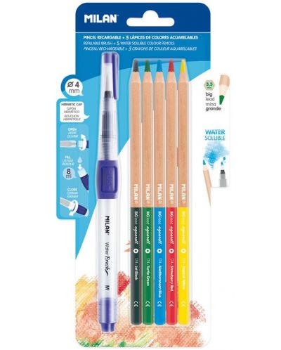Акварелни цветни моливи Milan - 3.5 mm, 5 цвята + четка - 1