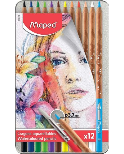 Акварелни моливи Maped Water Artist - 12 цвята, в метална кутия - 1