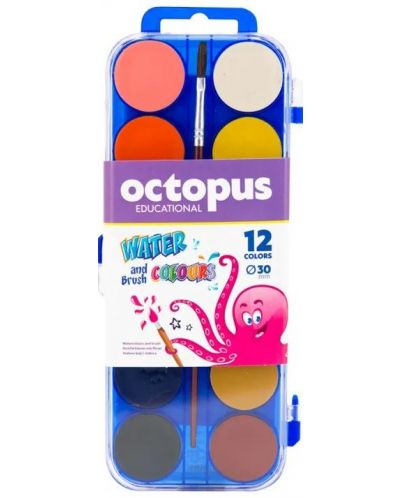 Акварелни боички Univerzal - Octopus, 12 цвята, с четка - 1