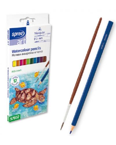 Акварелни цветни моливи SpreeArt - Триъгълни, Ø 3 mm, 12 броя + четка - 1