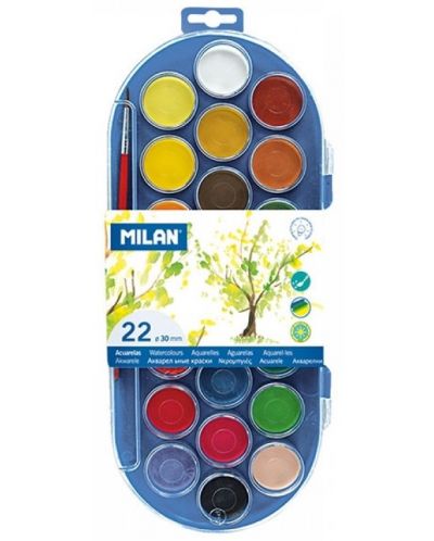 Акварелни бои Milan - Ф30 mm, 22 цвята + четка - 1