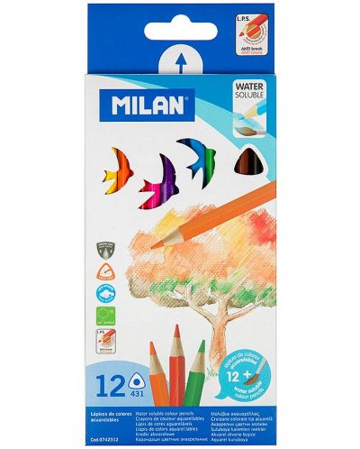 Комплект акварелни моливи Milan - Триъгълни, 12 цвята, с четка - 1