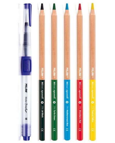 Акварелни цветни моливи Milan - 3.5 mm, 5 цвята + четка - 2