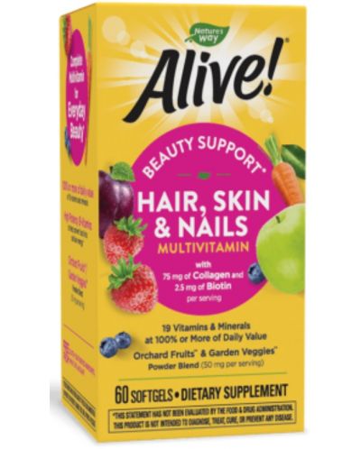Alive Hair, Skin & Nails Multivitamin, 60 софтгел капсули, Nature's Way - 1