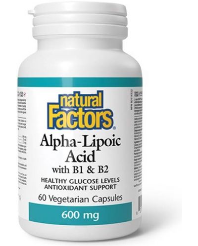 Alpha-Lipoic Acid with В1 & В2, 600 mg, 60 веге капсули, Natural Factors - 1