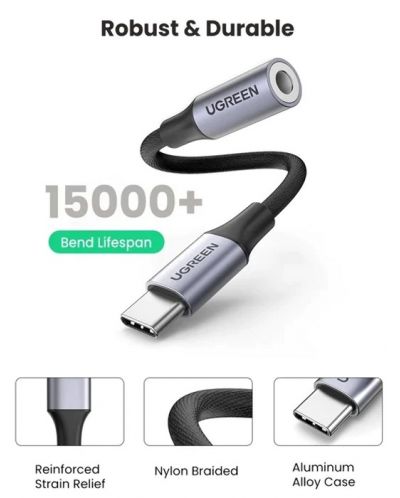 Аудио кабел Ugreen - AV161, USB-C/жак 3.5 mm, 0.1 m, черен - 2